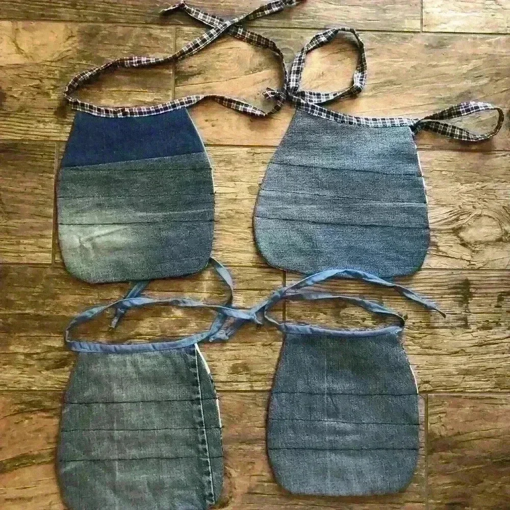 LOT OF 4 BABY BOY DENIM UPCYCLED MATERIAL QUILT BIBS